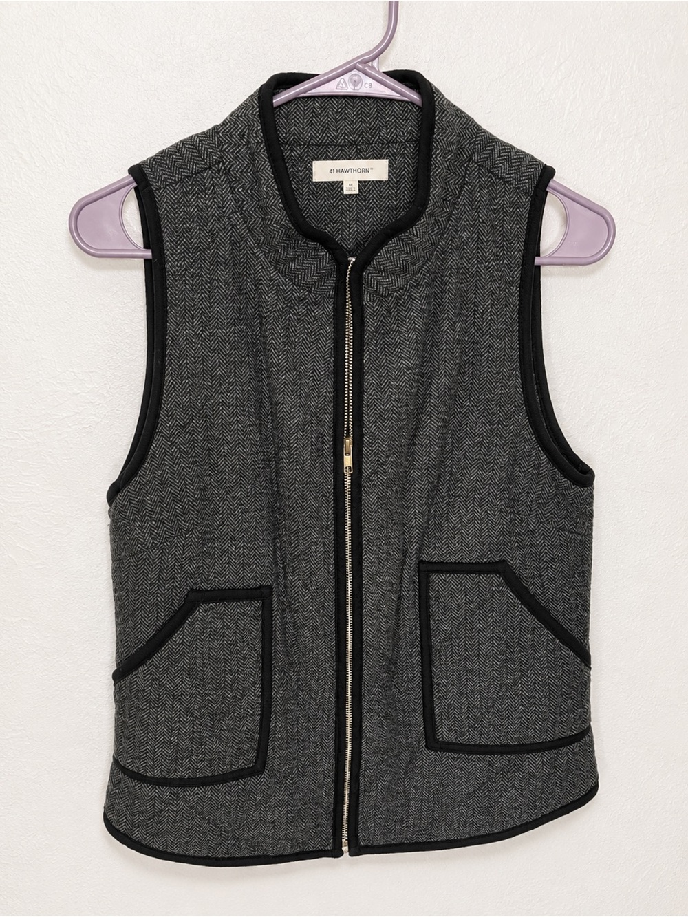 Grey Herringbone Zip-Front Vest